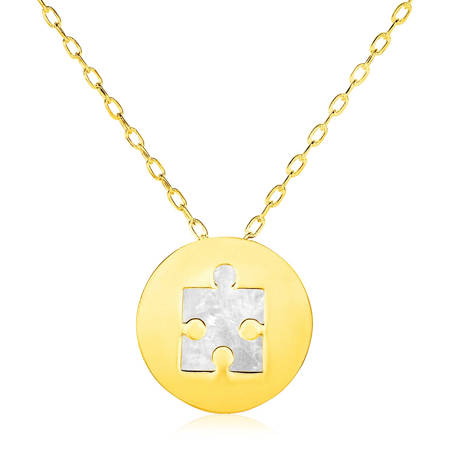 D12860987_1.jpg 14k Yellow Gold Necklace with Puzzle Piece Symbol in Mother of Pearl